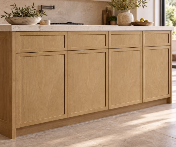 Slim natural oak shaker kitchen cabinets featuring a tall pantry unit with an integrated stainless steel wall oven, microwave, and under-cabinet LED task lighting.