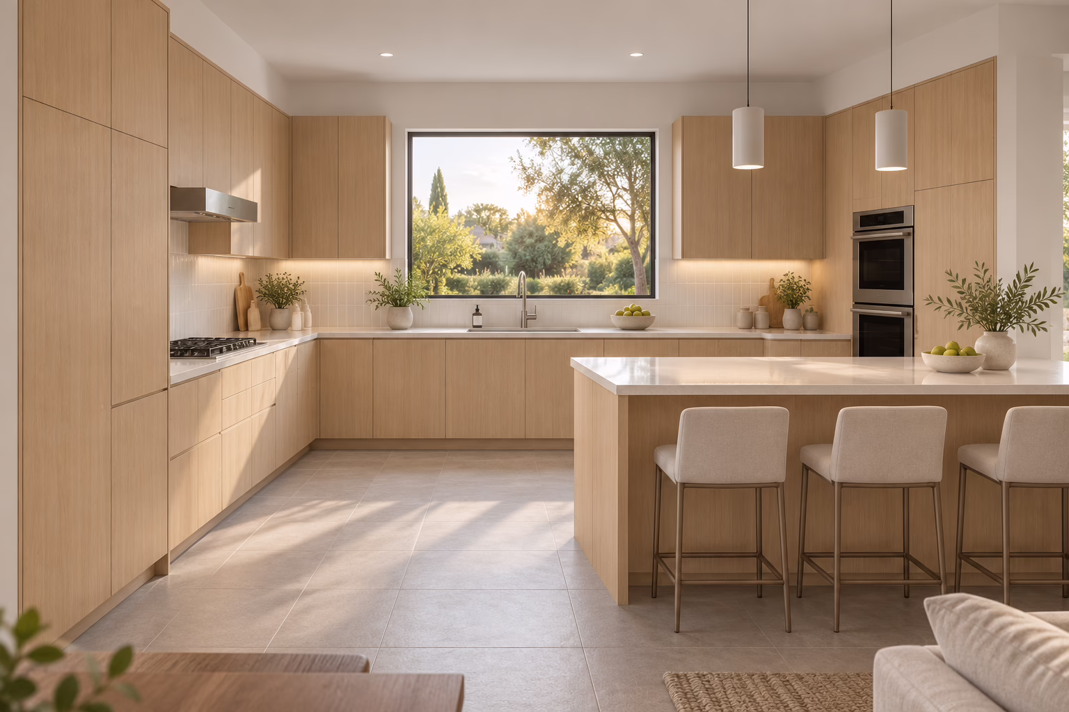 Modern European frameless natural oak kitchen cabinets with soft-close drawers, quartz peninsula breakfast bar, and integrated cooktop in a bright Carrollton home.