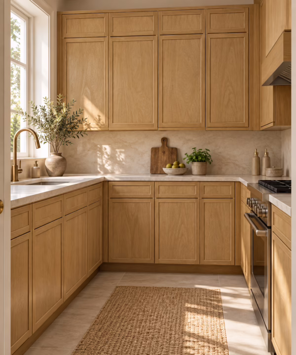 Warm oak kitchen with natural light