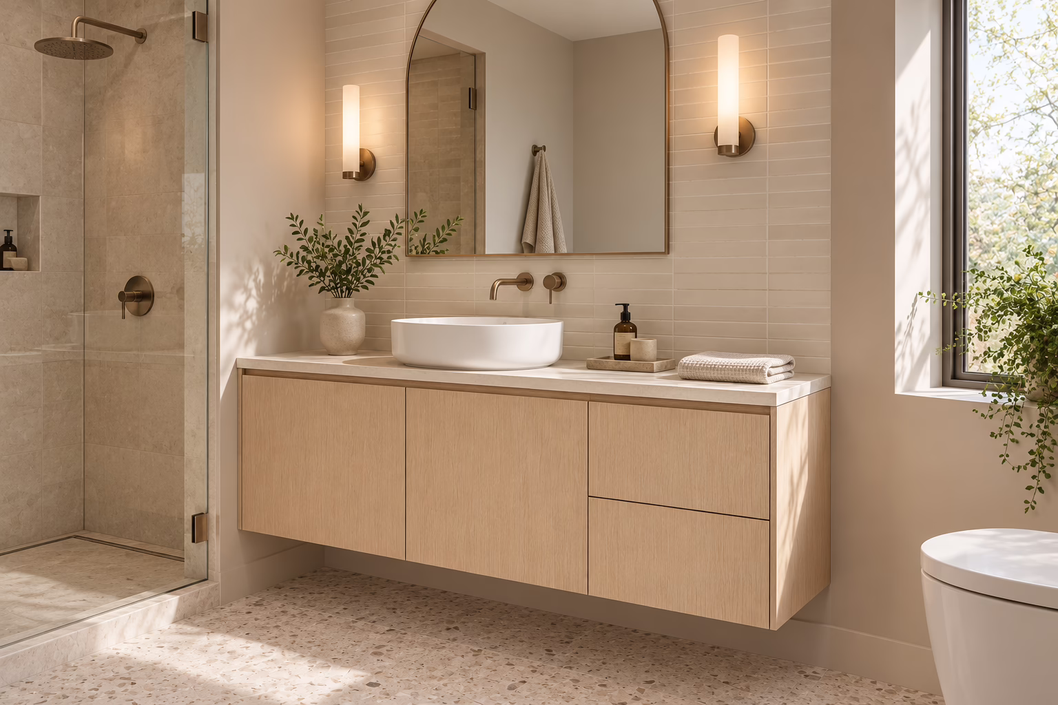 Warm natural oak floating bathroom vanity with integrated white vessel sink, arch wall mirror, and modern tile shower in a Carrollton home.
