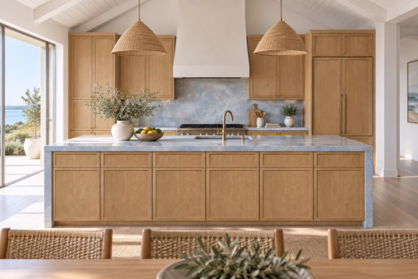 Bright coastal kitchen with wooden cabinets.