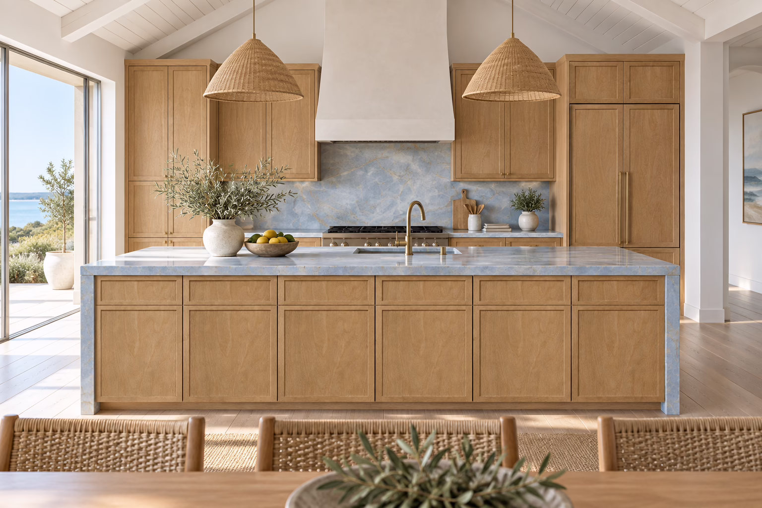Bright coastal kitchen with wooden cabinets.