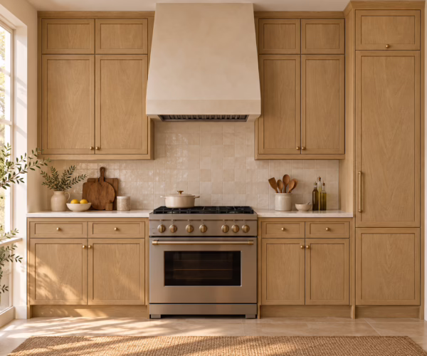 Modern kitchen with warm oak cabinetry