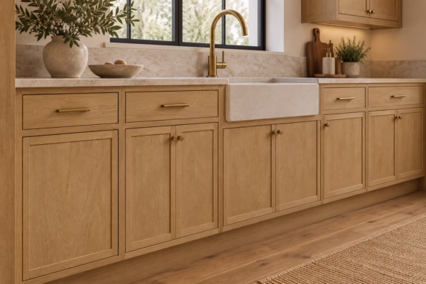Modern kitchen featuring slim natural oak shaker full-height pantry cabinets, a matching kitchen island with barstool seating, and integrated stainless steel appliances.