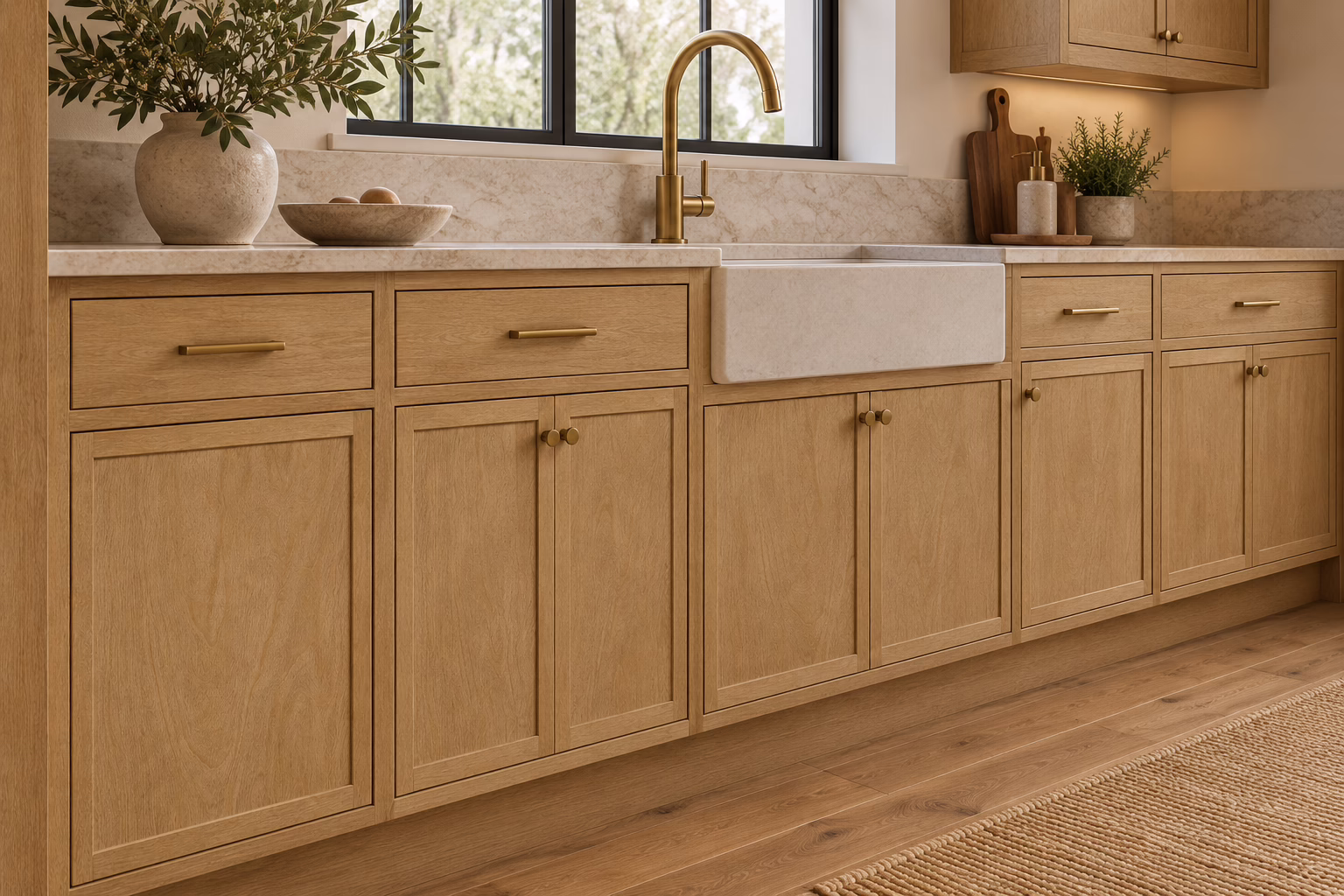 Modern kitchen featuring slim natural oak shaker full-height pantry cabinets, a matching kitchen island with barstool seating, and integrated stainless steel appliances.