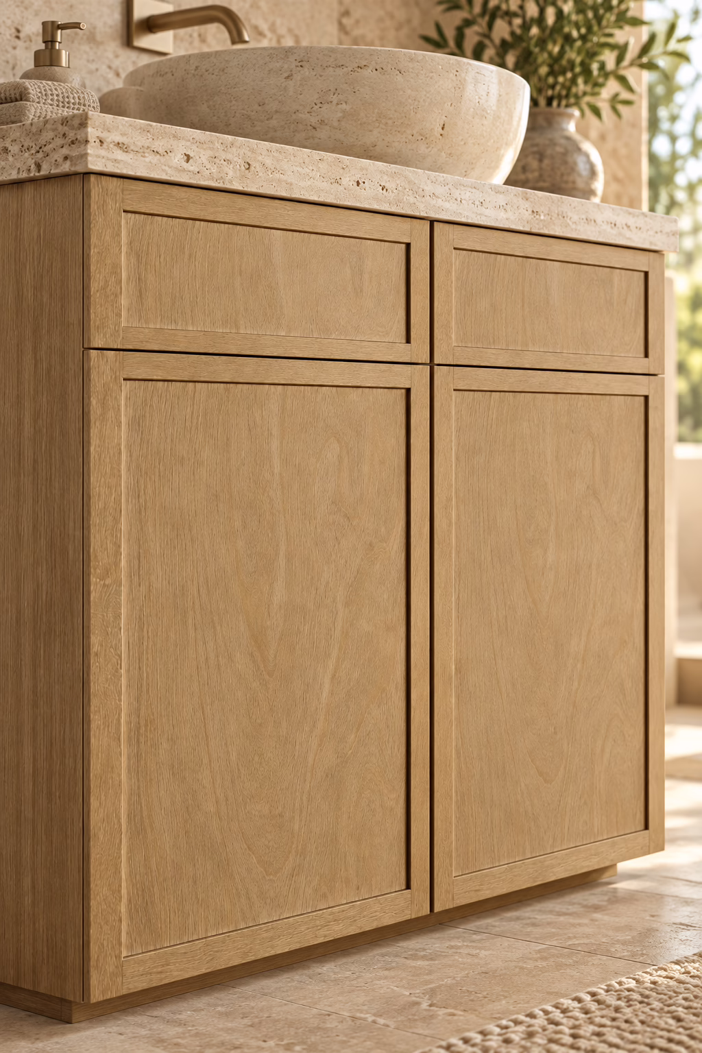 Modern kitchen base cabinets in a slim natural oak shaker style with thin brass edge pulls, white quartz countertop, and floating open shelves.