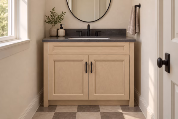 Wheat-toned vanity in a powder room