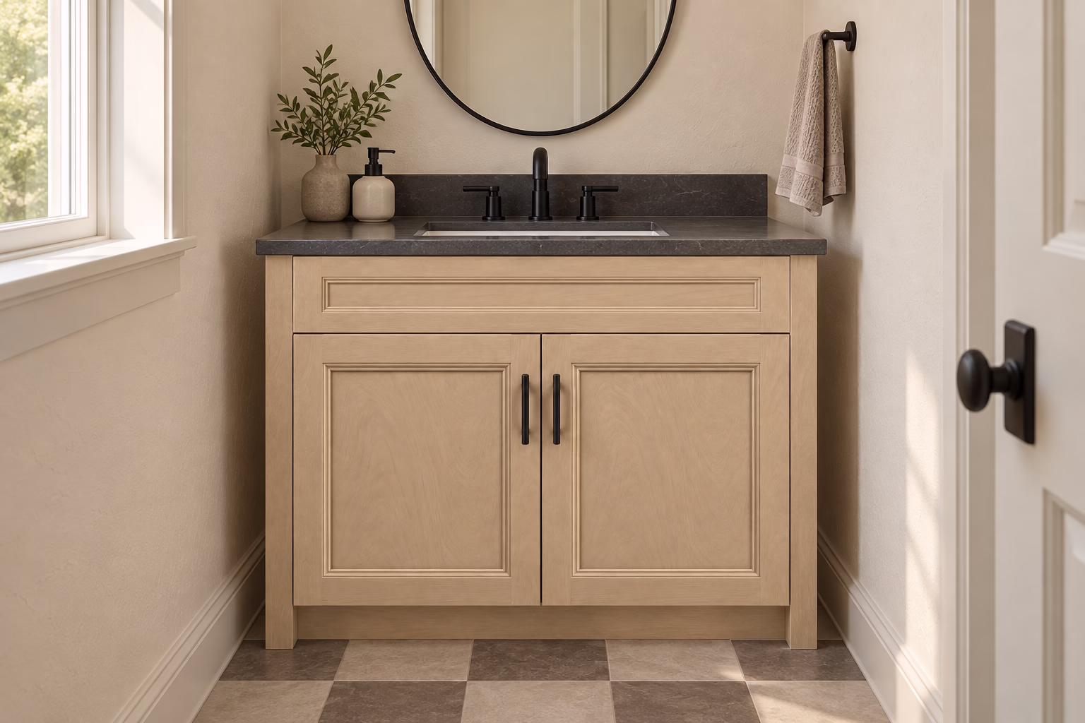 Wheat-toned vanity in a powder room