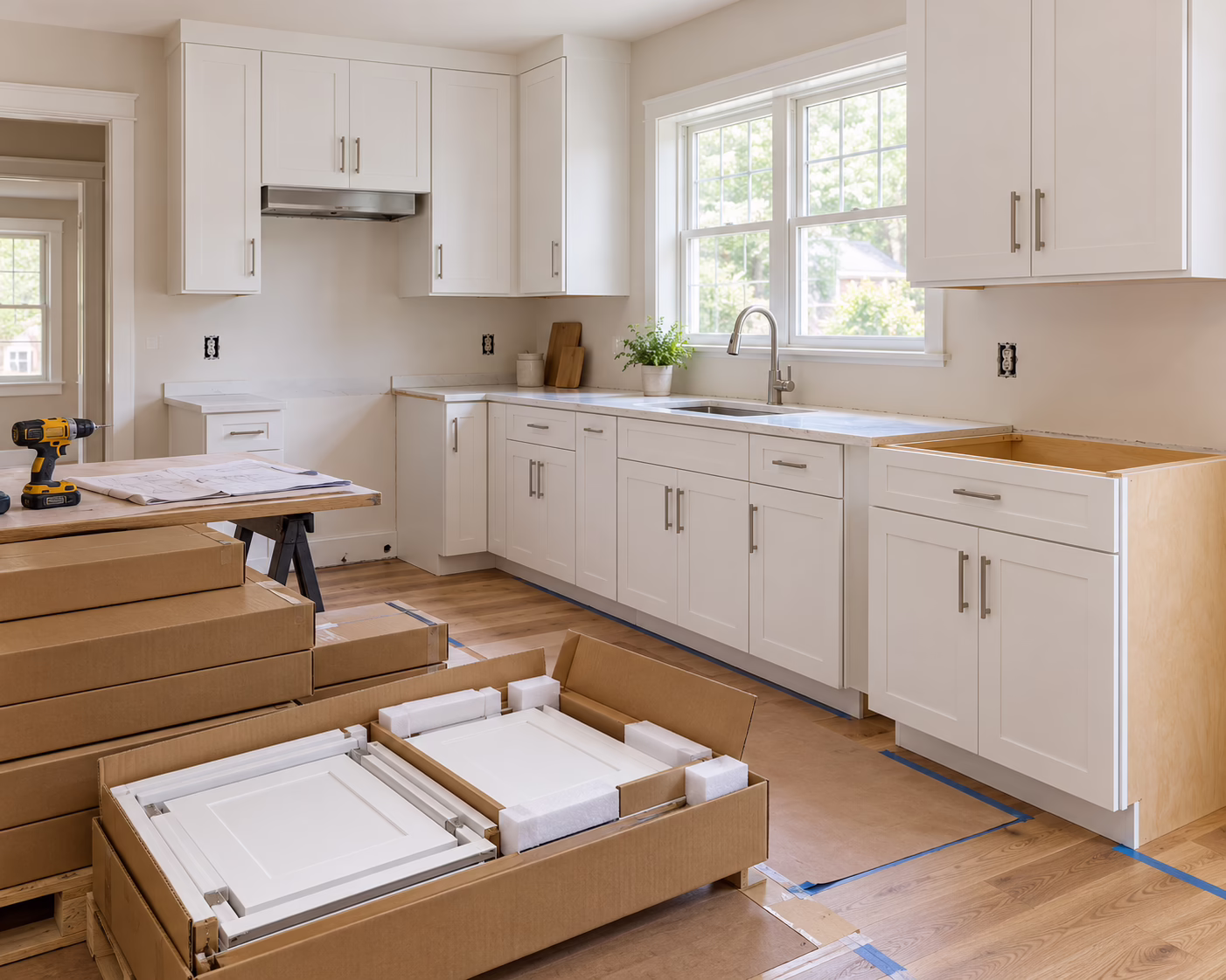 White Shaker Cabinets being installed in a kitchen, with flat-packed cabinet components ready for assembly.