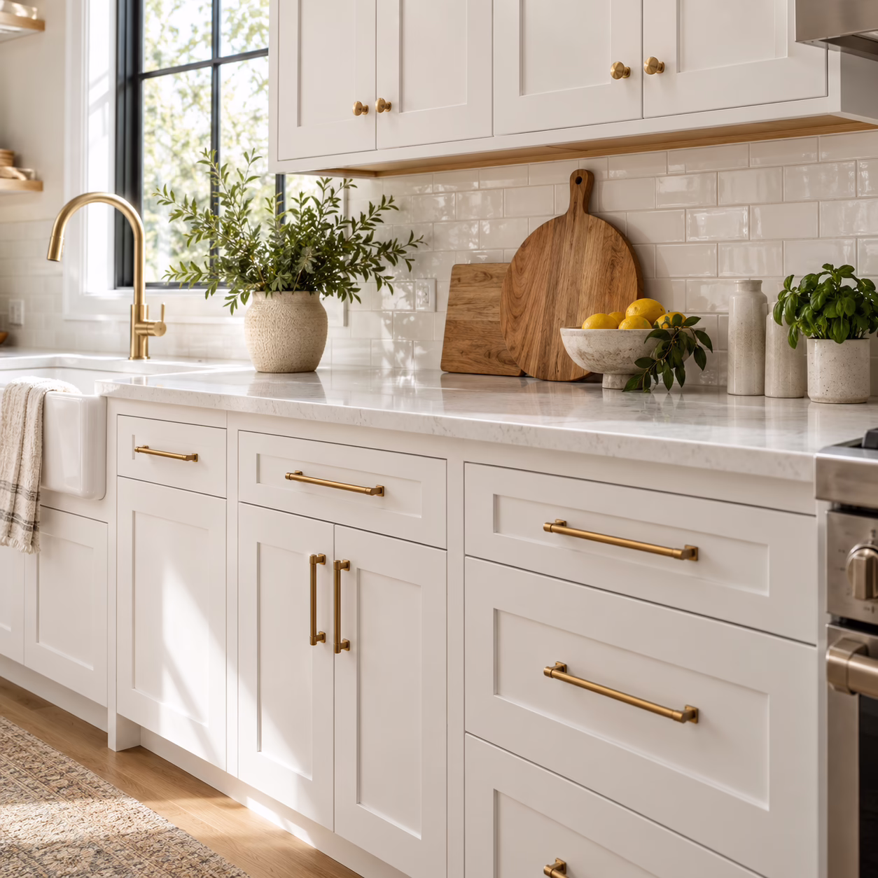 Classic white shaker kitchen base cabinets featuring long satin brass handles, an apron-front farmhouse sink, white subway tile backsplash, and light marble countertops.