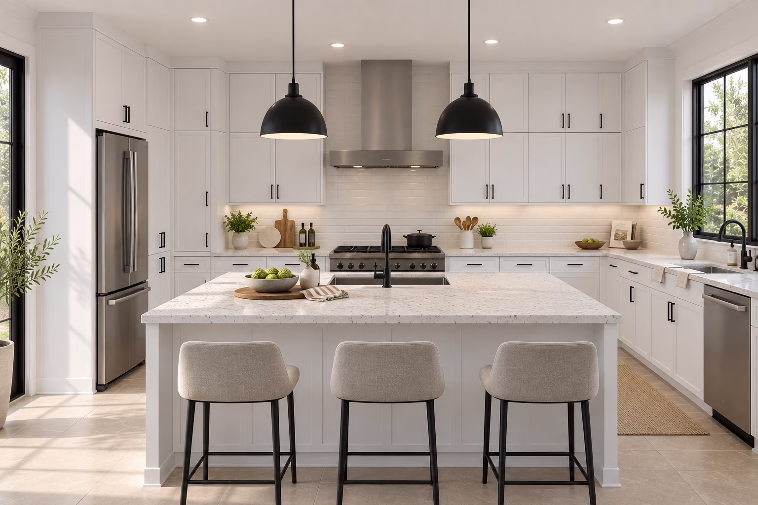 Modern kitchen featuring white slim-shaker cabinetry, large center island with seating for three, quartz countertops, stainless steel appliances, and black pendant lights